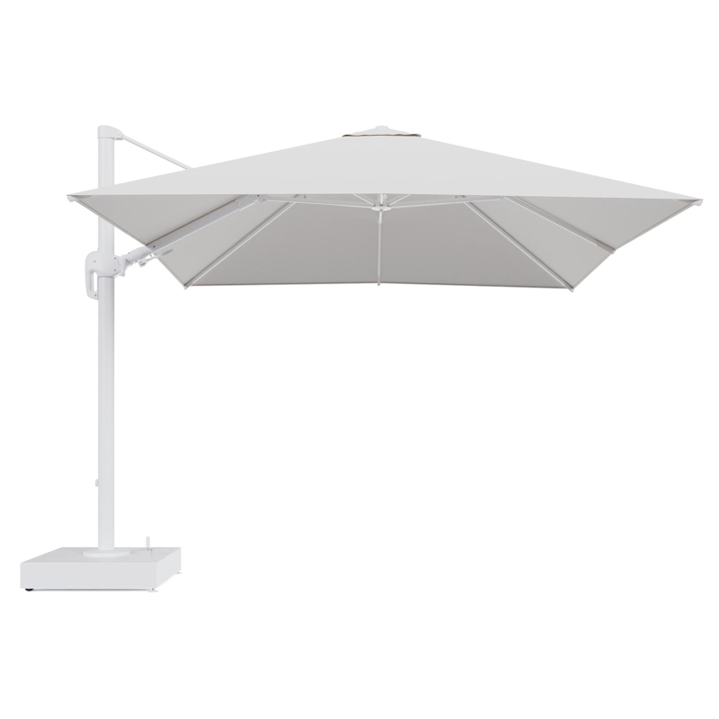 Rufina zweefparasol met tiltfunctie in wit aluminium en Soul Optik All Weather Solica parasoldoek - L1 300 x L2 300 cm met parasolvoet Minore 150 kg met wielen