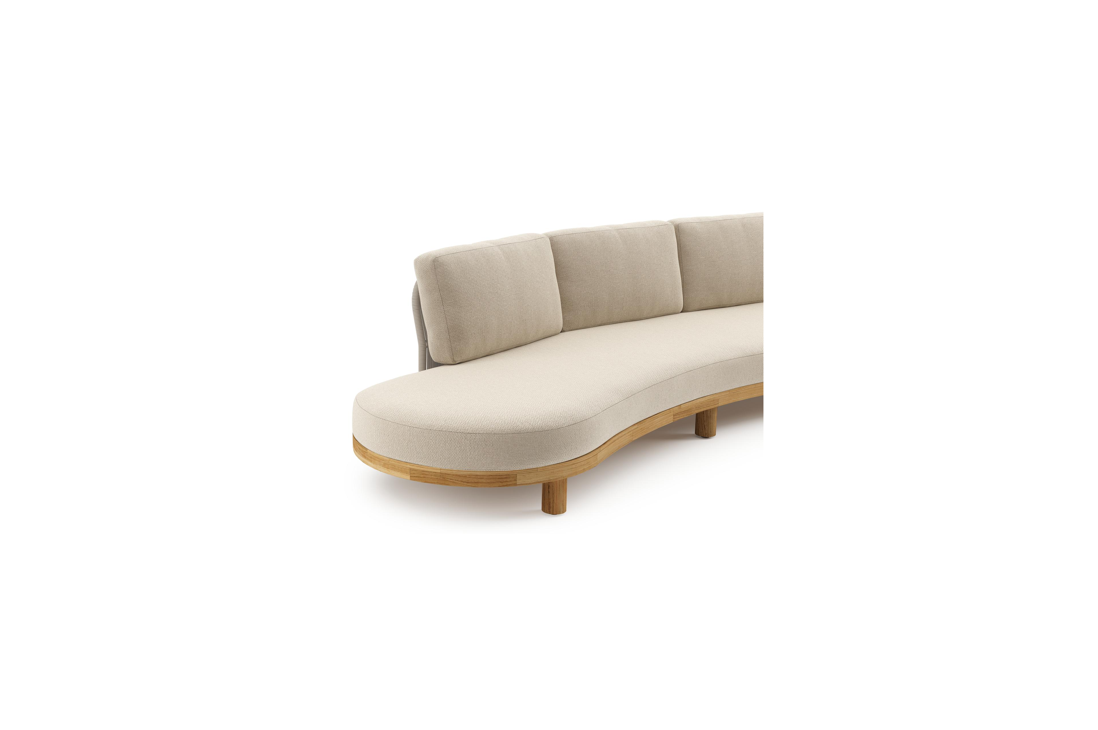 Donato loungehoek in teak en beige verticaal geweven ronde rope met all weather cosytica Althea Chalk kussen