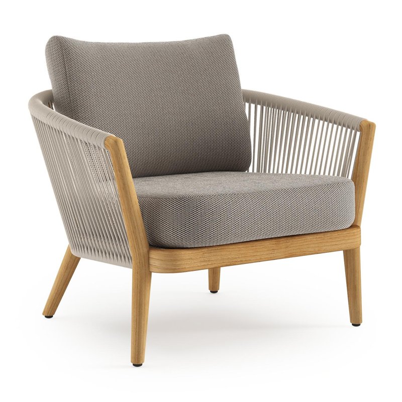 Orso loungestoel in teak en beige verticaal geweven ronde rope met Lopi Pepper all weather sunbrella® luxe kussen