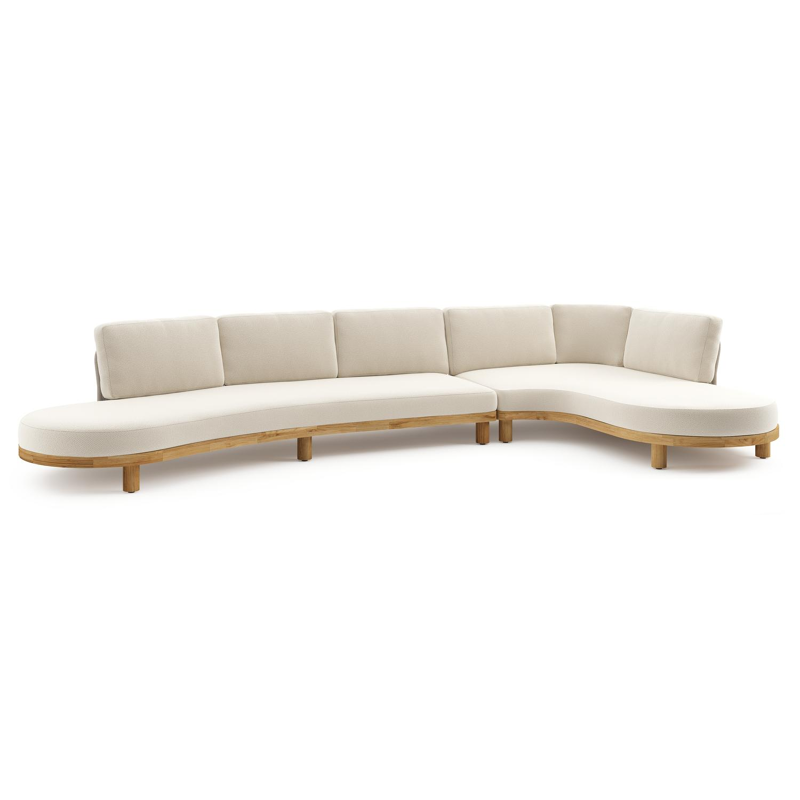 Donato loungehoek in teak en beige verticaal geweven ronde rope met all weather cosytica Althea Off White kussen