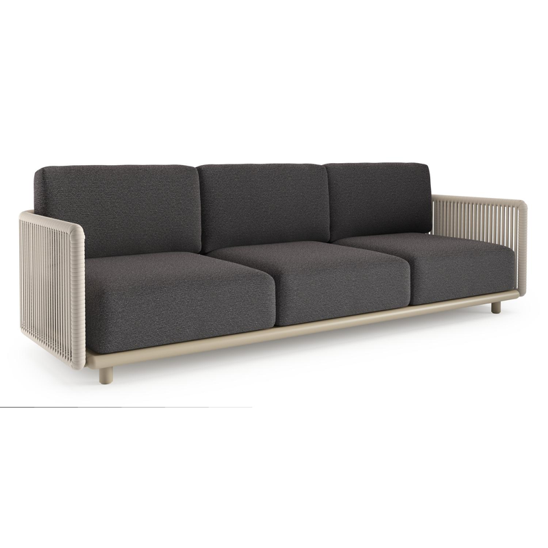 Organo loungebank in beige aluminium en beige verticaal geweven luxe vlakke rope met firenze tunder all weather Solica kussen