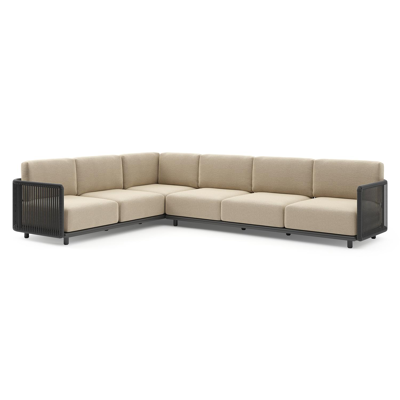 Organo loungehoek in zwart aluminium en zwart verticaal geweven luxe vlakke rope met althea camel all weather Cosytica kussen