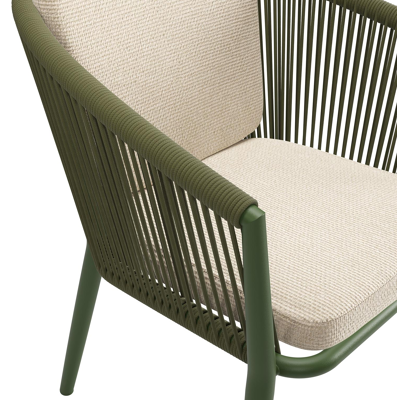Orso tuinstoel in groen aluminium en groen verticaal geweven ronde rope met zitkussen in All Weather Cosytica Althea Chalk