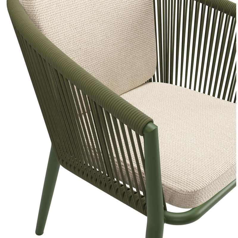 Orso tuinstoel in groen aluminium en groen verticaal geweven ronde rope met zitkussen in All Weather Cosytica Althea Chalk