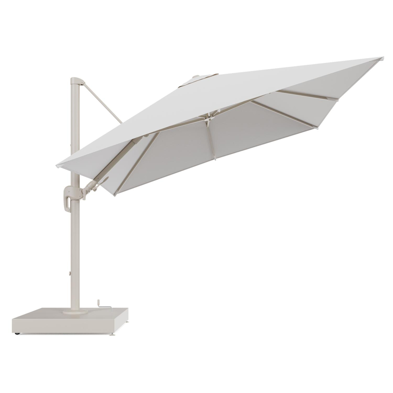 Rufina zweefparasol met tiltfunctie in beige aluminium en Soul Optik All Weather Solica parasoldoek - L1 300 x L2 300 cm met parasolvoet Minore 260 kg met wielen