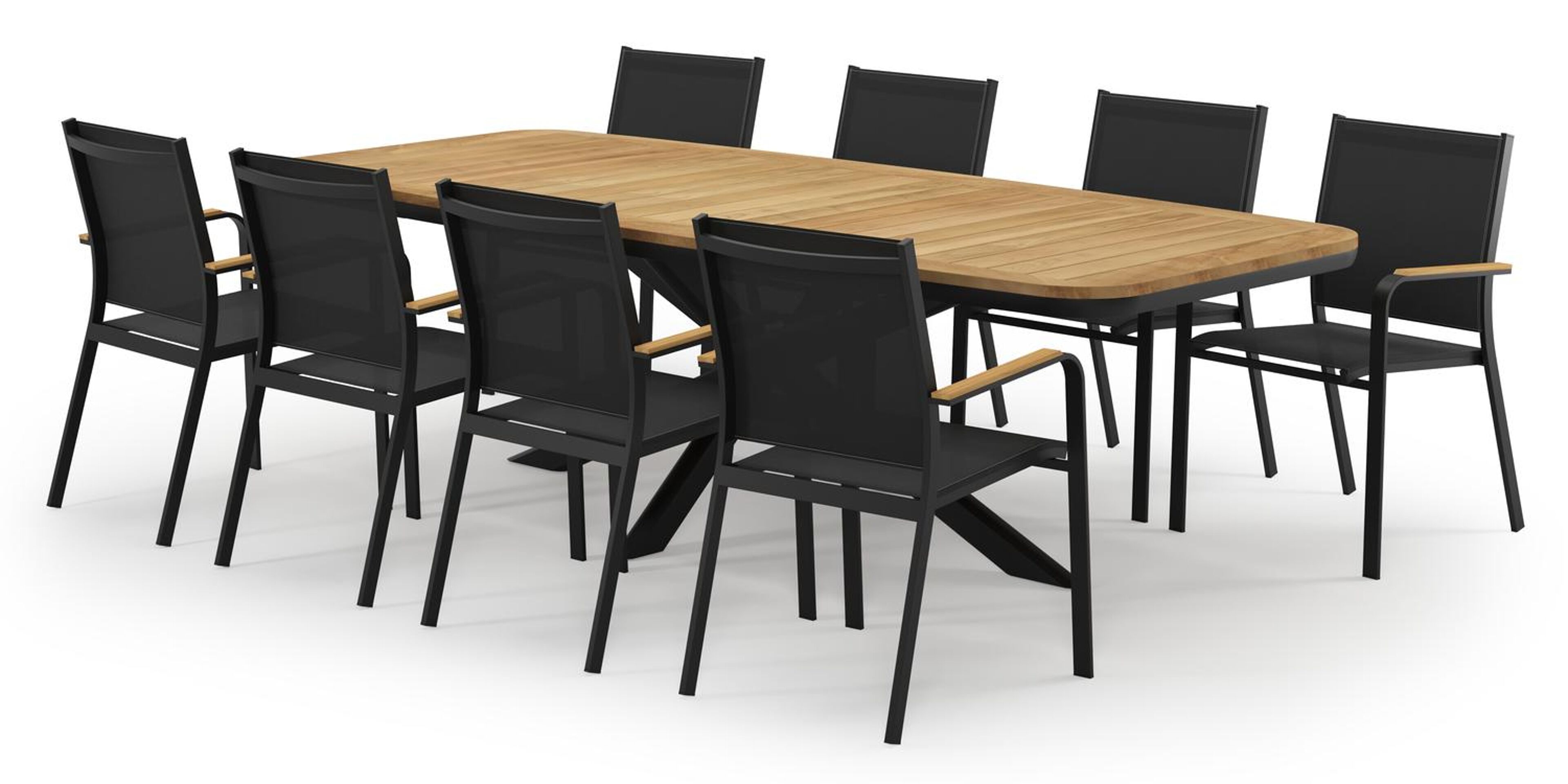 Pamplona bootvormige tuinset in zwart aluminium en teak natural finish met 8 Amalfi tuinstoelen