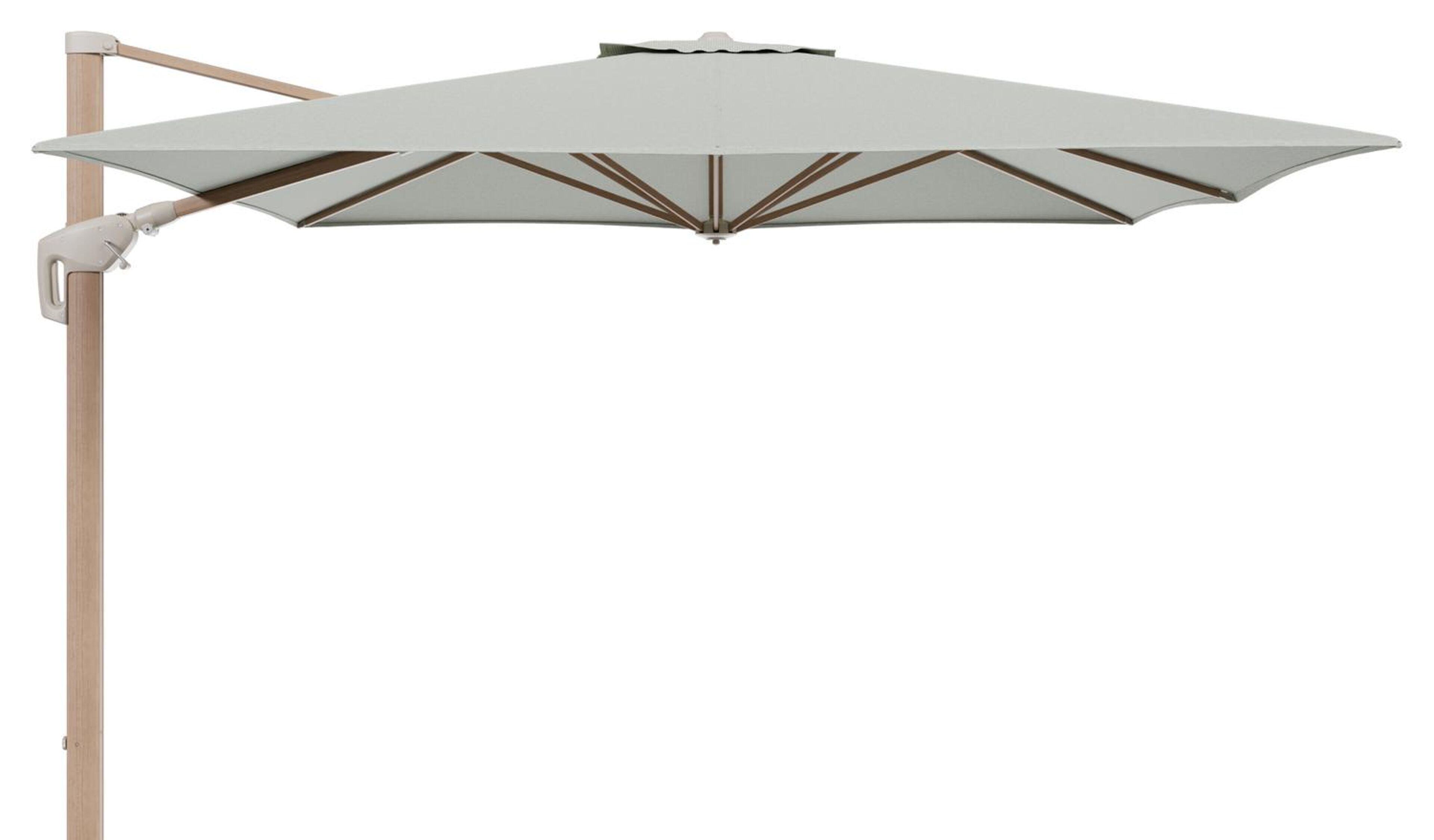 Minore zweefparasol met tiltfunctie in houtlook aluminium en Slow Spirea All Weather Sunbrella® Luxe parasoldoek - L1 350 x L2 350 cm (zonder voet) (zonder voet)