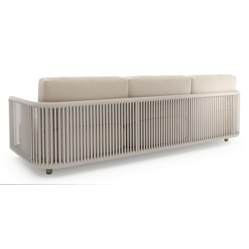 Canapé de jardin Organo en aluminium beige et corde luxe plate tissée verticalement beige et coussin en all weather Sunbrella® luxe lopi sand