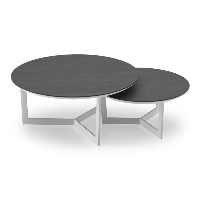 Lacrima set van 2 loungetafels rond in wit aluminium en volkeramiek Basalt Black - Dia. 85/65 x H 35/30 cm