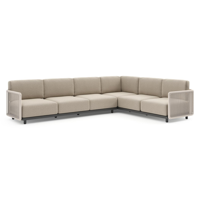 Organo loungehoek in zwart aluminium en beige verticaal geweven luxe vlakke rope met marbella beige All Weather Cosytica kussens