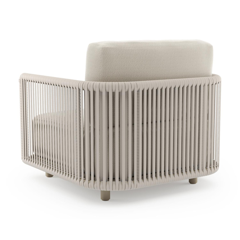 Fauteuil de jardin Organo en aluminium beige et corde luxe plate tissée verticalement beige et coussin en all weather Sunbrella® luxe lopi marble