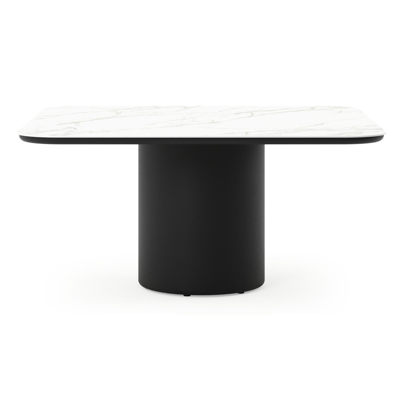 Table de jardin Amico carré arrondi en aluminium noir et céramique pleine Calacatta - Lg. 148 x Lrg. 148 x Haut. 74 cm