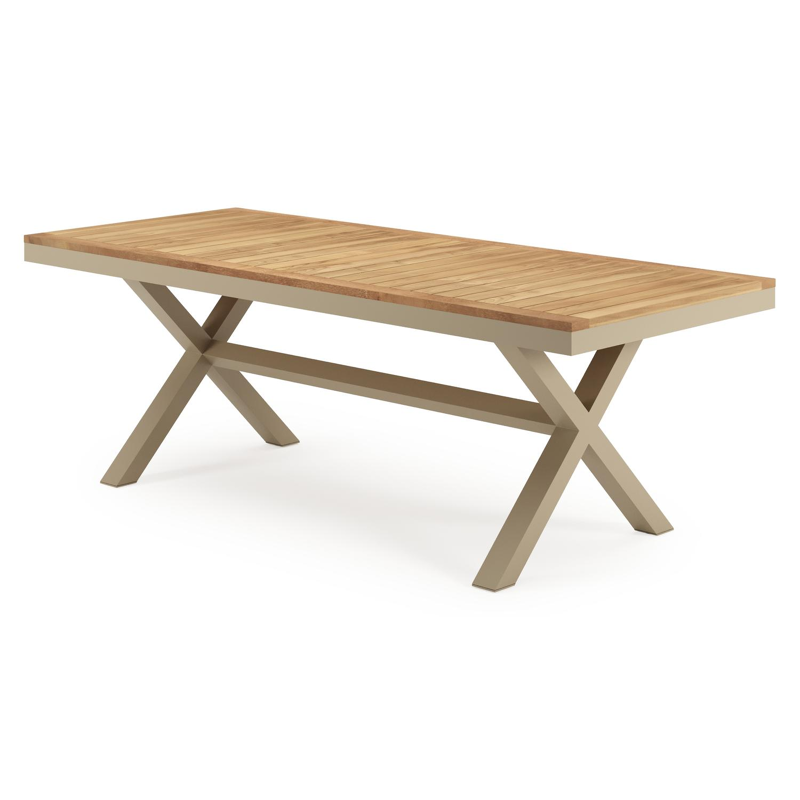 Table de jardin Reza rectangulaire en aluminium beige et teck Naturel - Lg. 220 x Lrg. 92 x Haut. 74 cm
