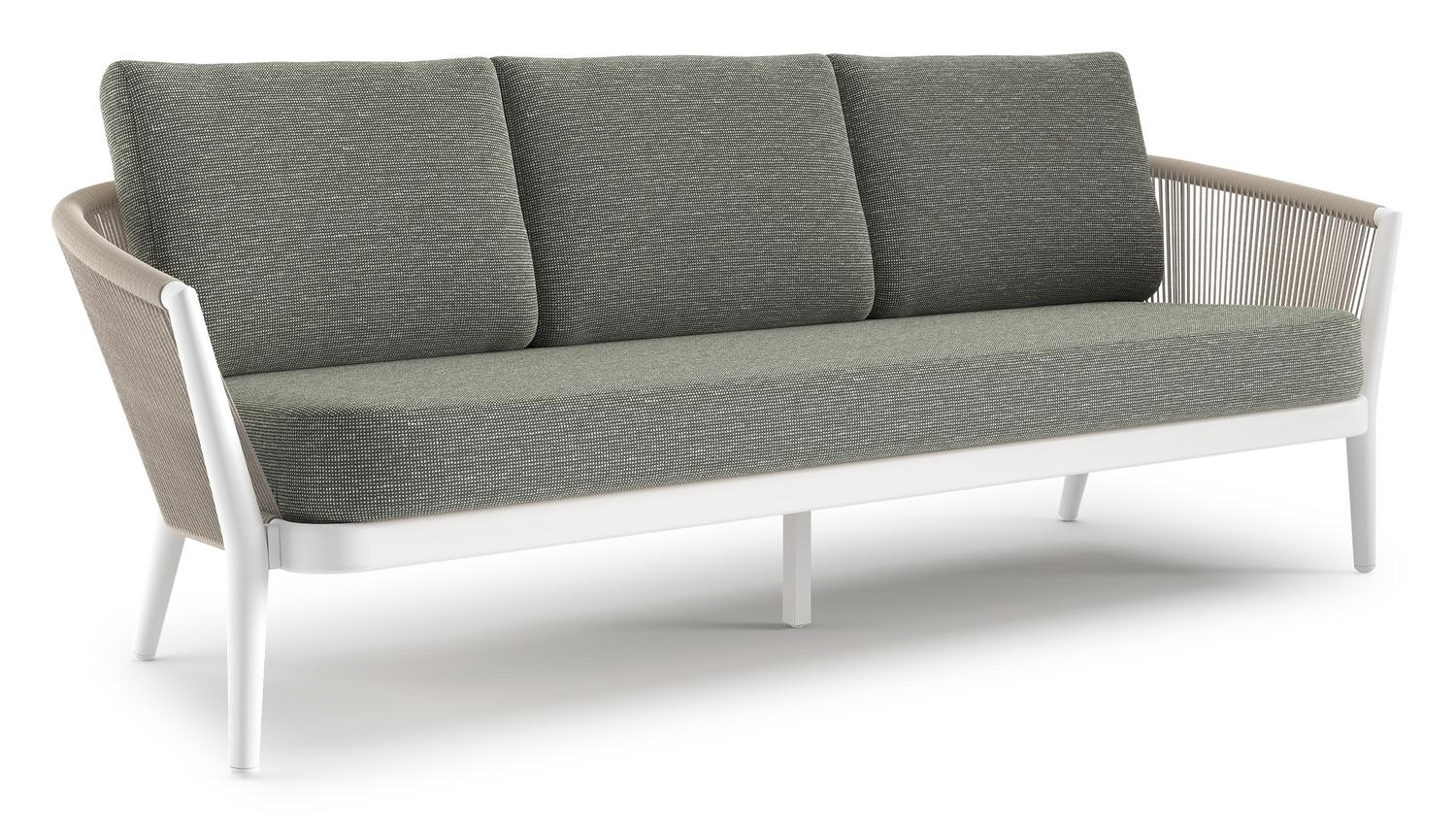 Canapé de jardin Orso en aluminium blanc en corde ronde tissée verticalement beige et coussins en all weather sunbrella® luxe Slow Fern