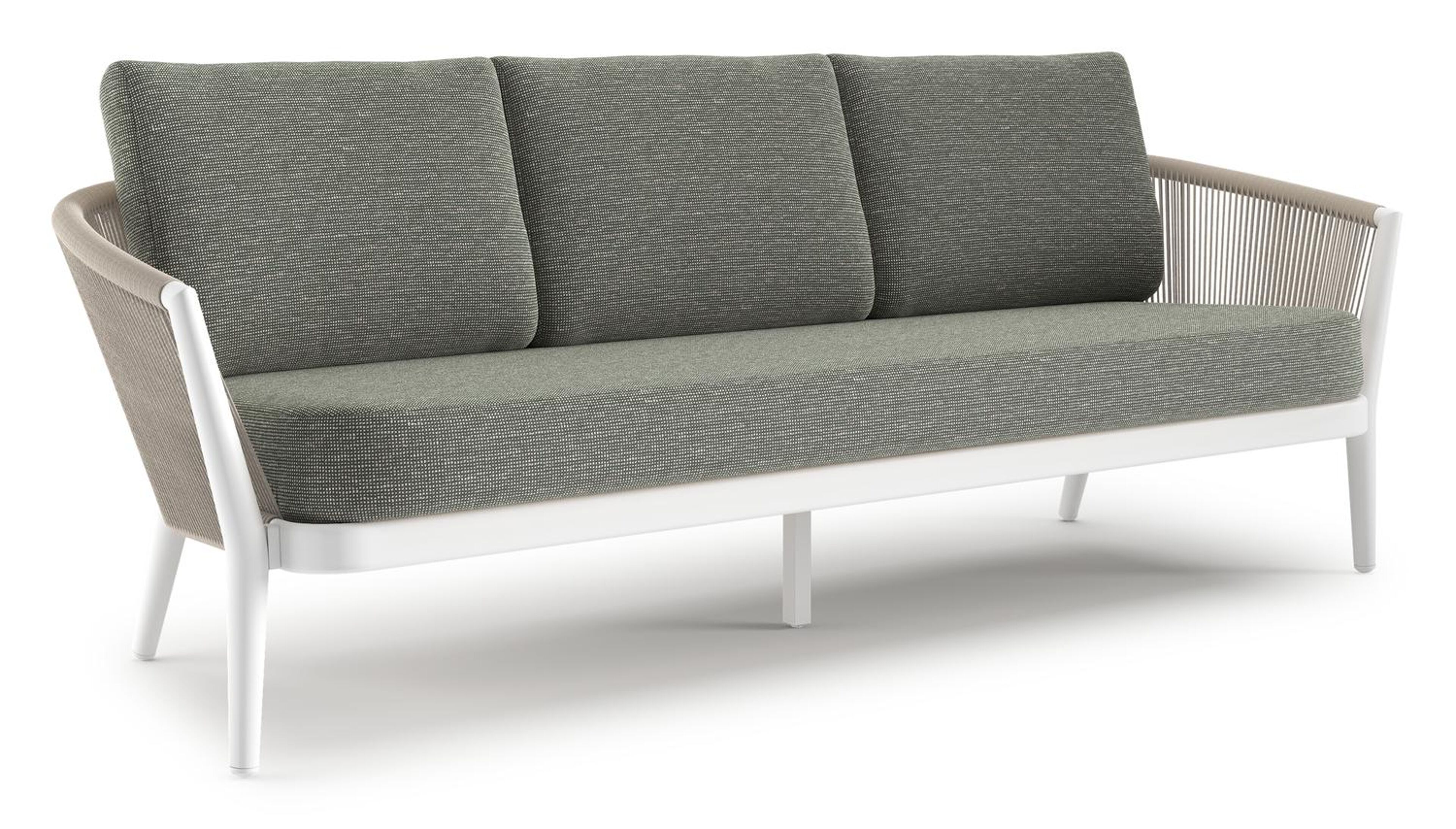 Canapé de jardin Orso en aluminium blanc en corde ronde tissée verticalement beige et coussins en all weather sunbrella® luxe Slow Fern