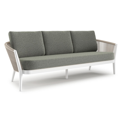 Canapé de jardin Orso en aluminium blanc en corde ronde tissée verticalement beige et coussins en all weather sunbrella® luxe Slow Fern