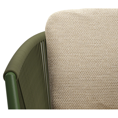 Orso tuinstoel in groen aluminium en groen verticaal geweven ronde rope met luxe zitkussen in All Weather Cosytica Althea Camel