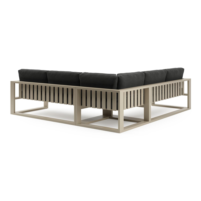 Verato loungehoek in beige aluminium met chartres sooty all weather sunbrella® luxe kussen