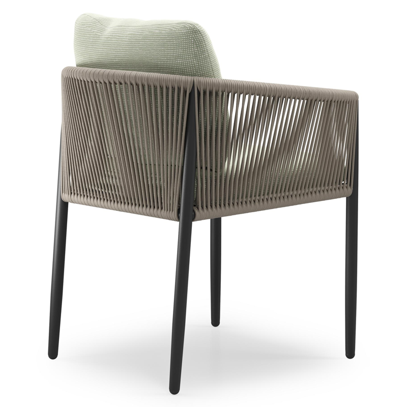 Organo tuinstoel in zwart aluminium en zwart verticaal geweven ronde rope met stoelkussen in All Weather Sunbrella® Luxe Slow Spirea