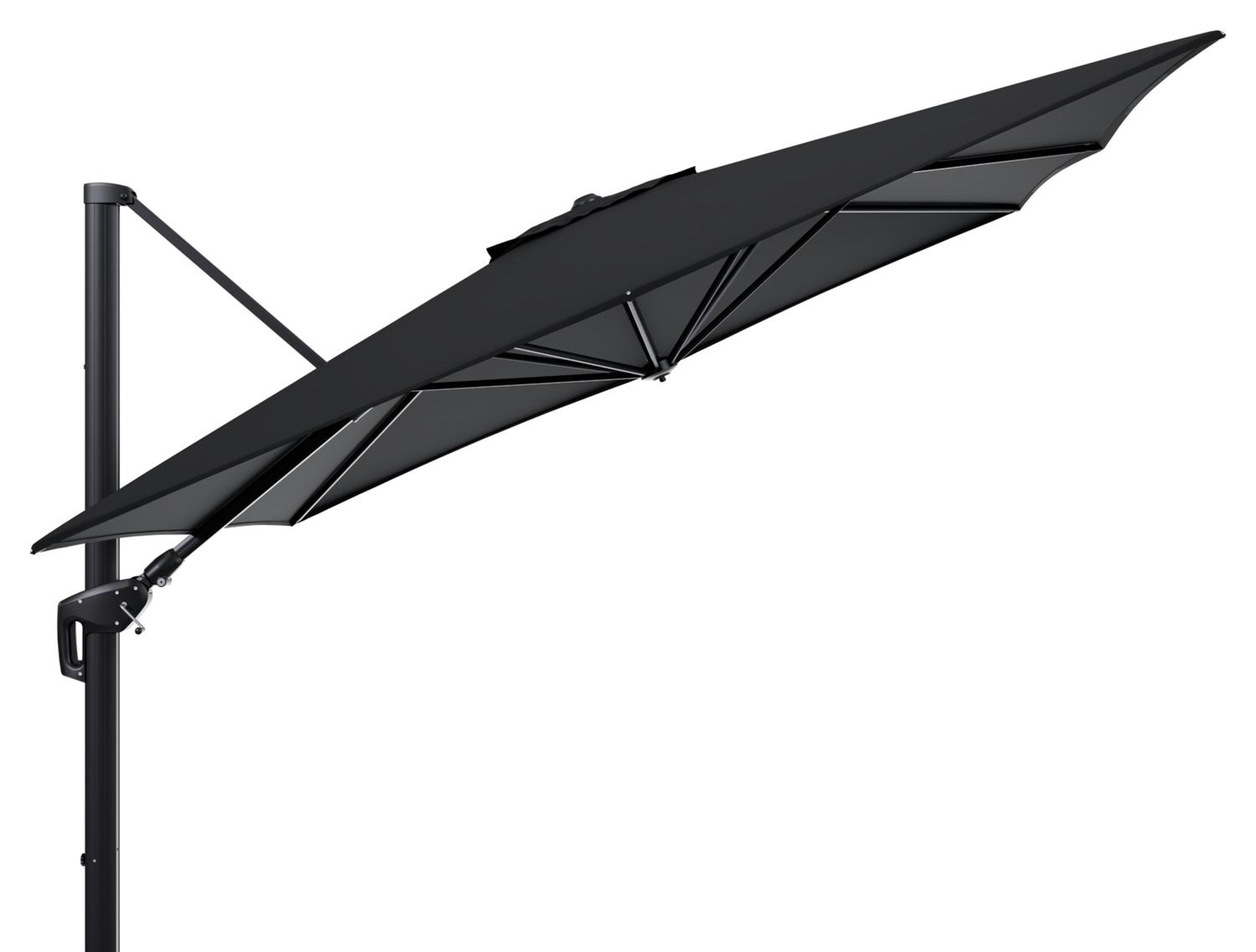 Parasol pendant Minore avec fonction tilt en aluminium noir avec toile de parasol en all weather sunbrella® premium noir - Larg1 350 x Larg2 350 cm (sans pied de parasol)