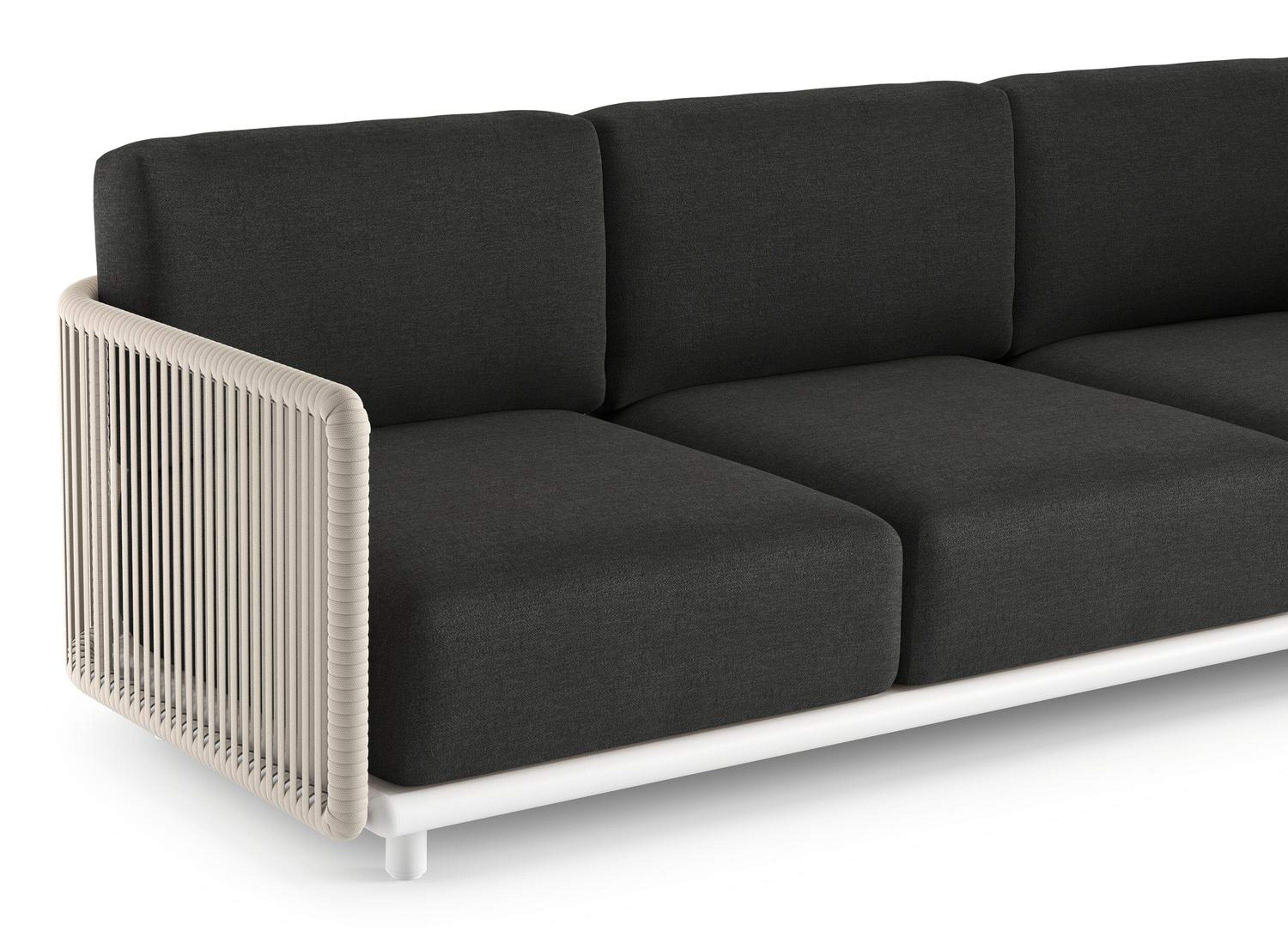 Organo loungehoek in wit aluminium en beige verticaal geweven luxe vlakke rope met chartres sooty all weather Sunbrella® luxe kussen