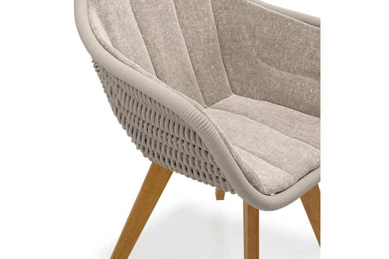 Pagino tuinstoel in teak en beige ronde wicker met kussen in chartres pewter all weather sunbrella® luxe