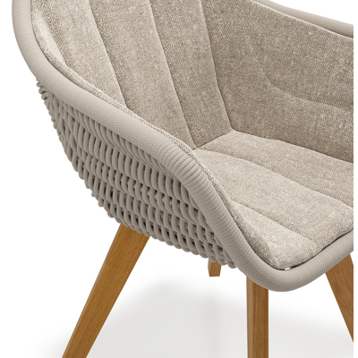 Pagino tuinstoel in teak en beige ronde wicker met kussen in chartres pewter all weather sunbrella® luxe