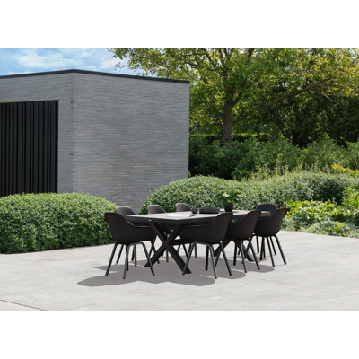 Ensemble de jardin Reza en aluminium noir avec plateau de table en céramique pleine gris et 8 chaises de jardin Puglia