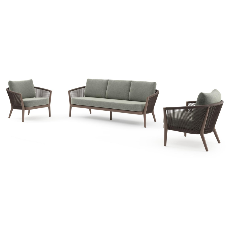 Orso loungeset in taupe aluminiumen zwart verticaal geweven ronde rope met Savane Leaf all weather sunbrella® luxe kussen