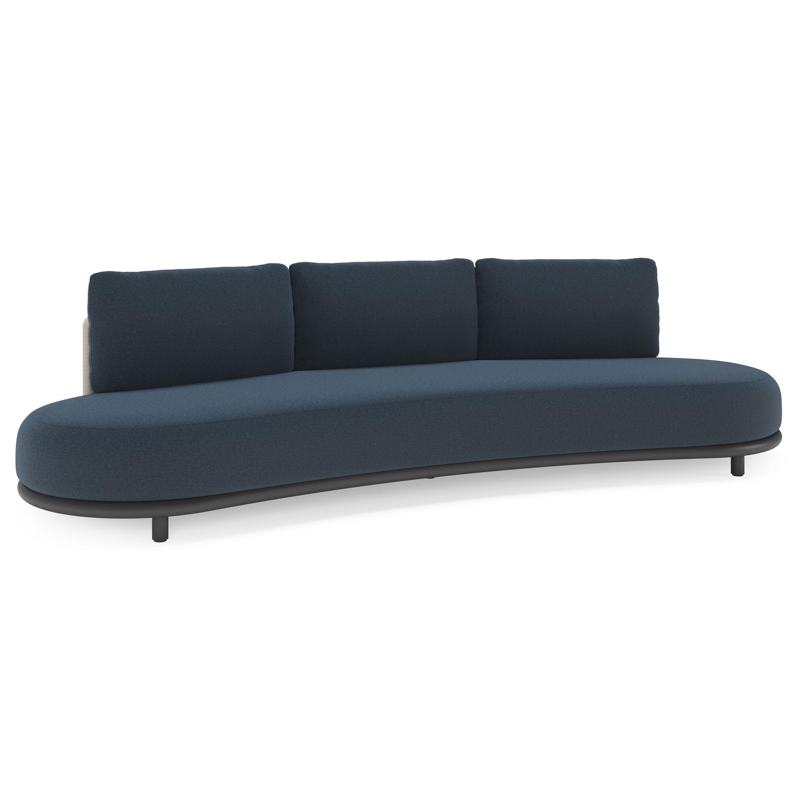 Lomano loungebank in zwart aluminium en beige verticaal geweven luxe vlakke rope met Heritage Indigo All Weather Sunbrella® luxe