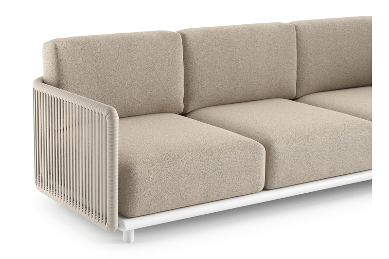 Organo loungebank in wit aluminium en beige verticaal geweven luxe vlakke rope met marbella beige all weather Cosytica kussen