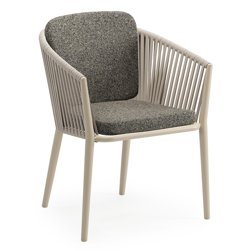 Chaise de jardin Orso en aluminium beige et corde plate tissée verticalement beige avec coussin en All Weather Cosytica Marbella Tunder