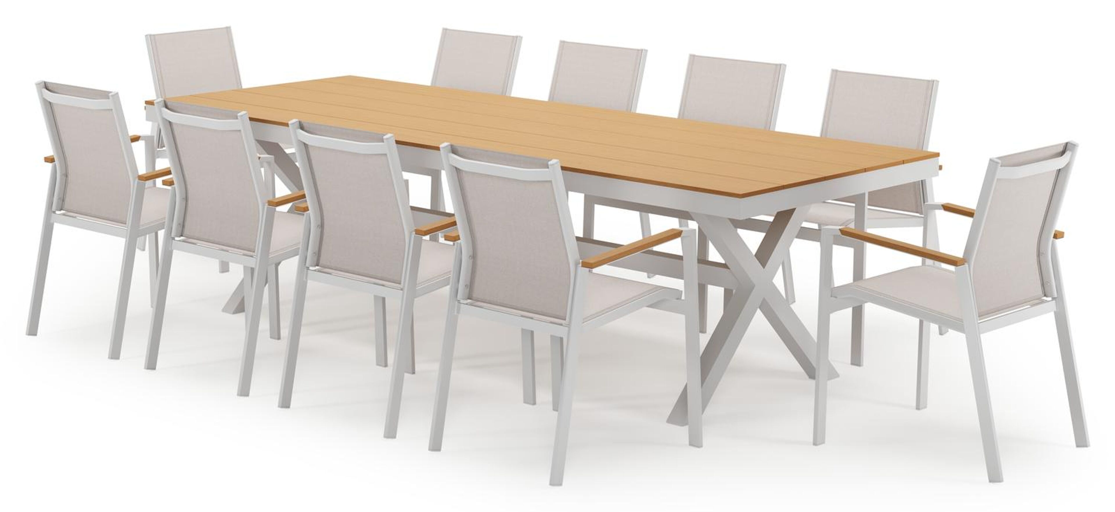 Bahia tuinset in wit aluminium en polywood met 10 Bahia tuinstoelen