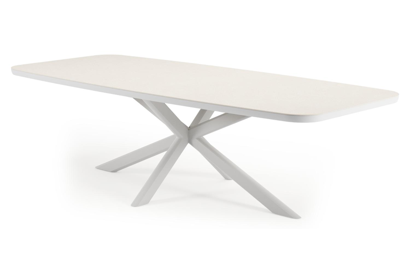 Pamplona bootvormige tuinset in wit aluminium en sintered stone crema minerale met 8 Matera tuinstoelen