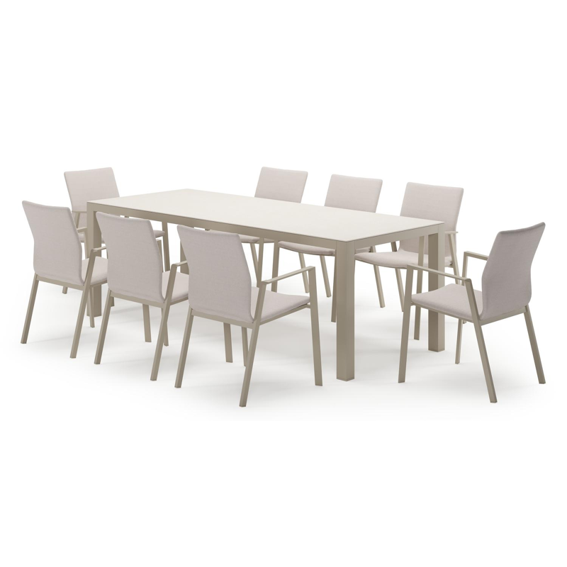 Varese rechthoekige tuinset in beige aluminium en sintered stone crema minerale met 8 Madura tuinstoelen