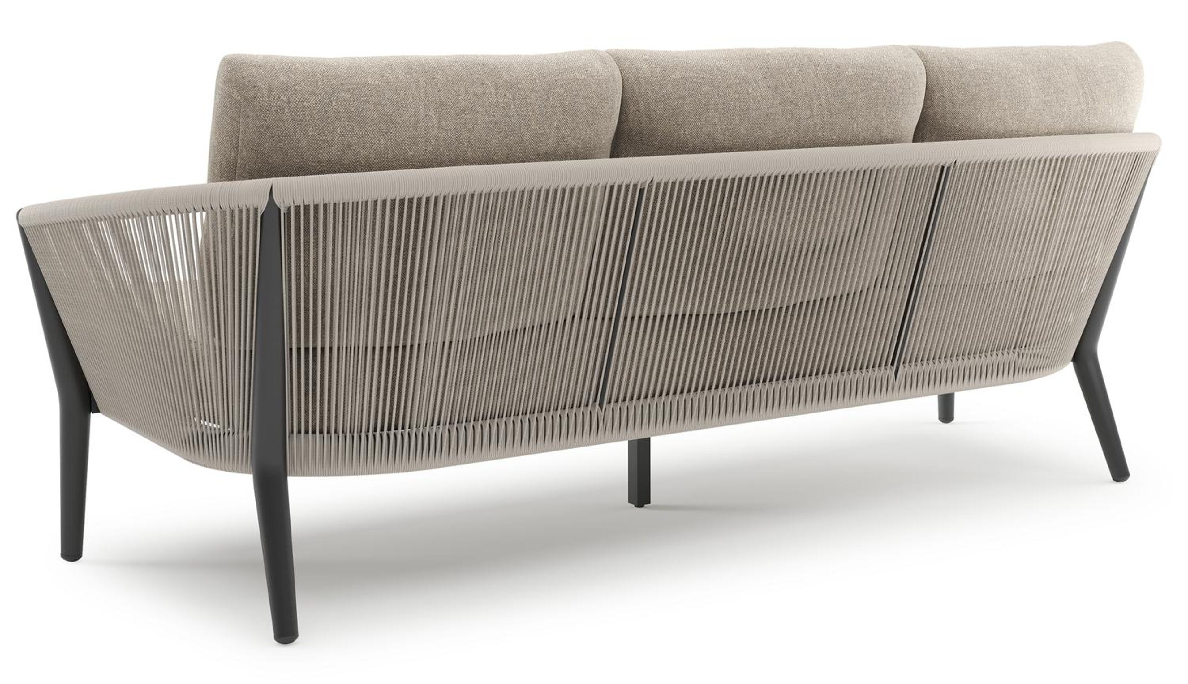 Salon de jardin Orso en aluminium noir en corde ronde tissée verticalement beige et coussins en all weather sunbrella® luxe Chartres Pewter
