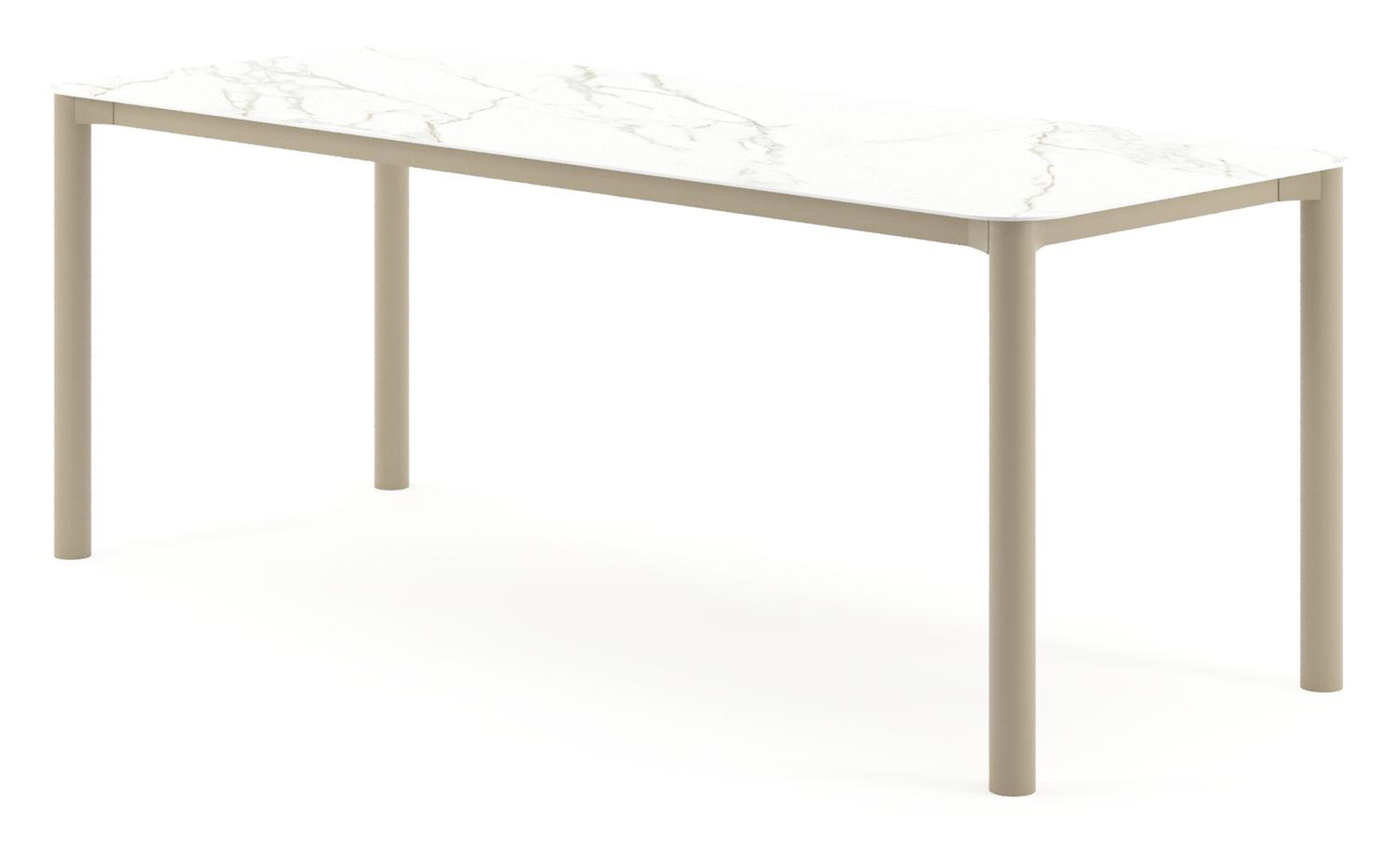 Table de jardin Orso rectangulaire arrondi en aluminium beige et céramique pleine Calacatta - Lg. 200 x Lrg. 80 x Haut. 75 cm