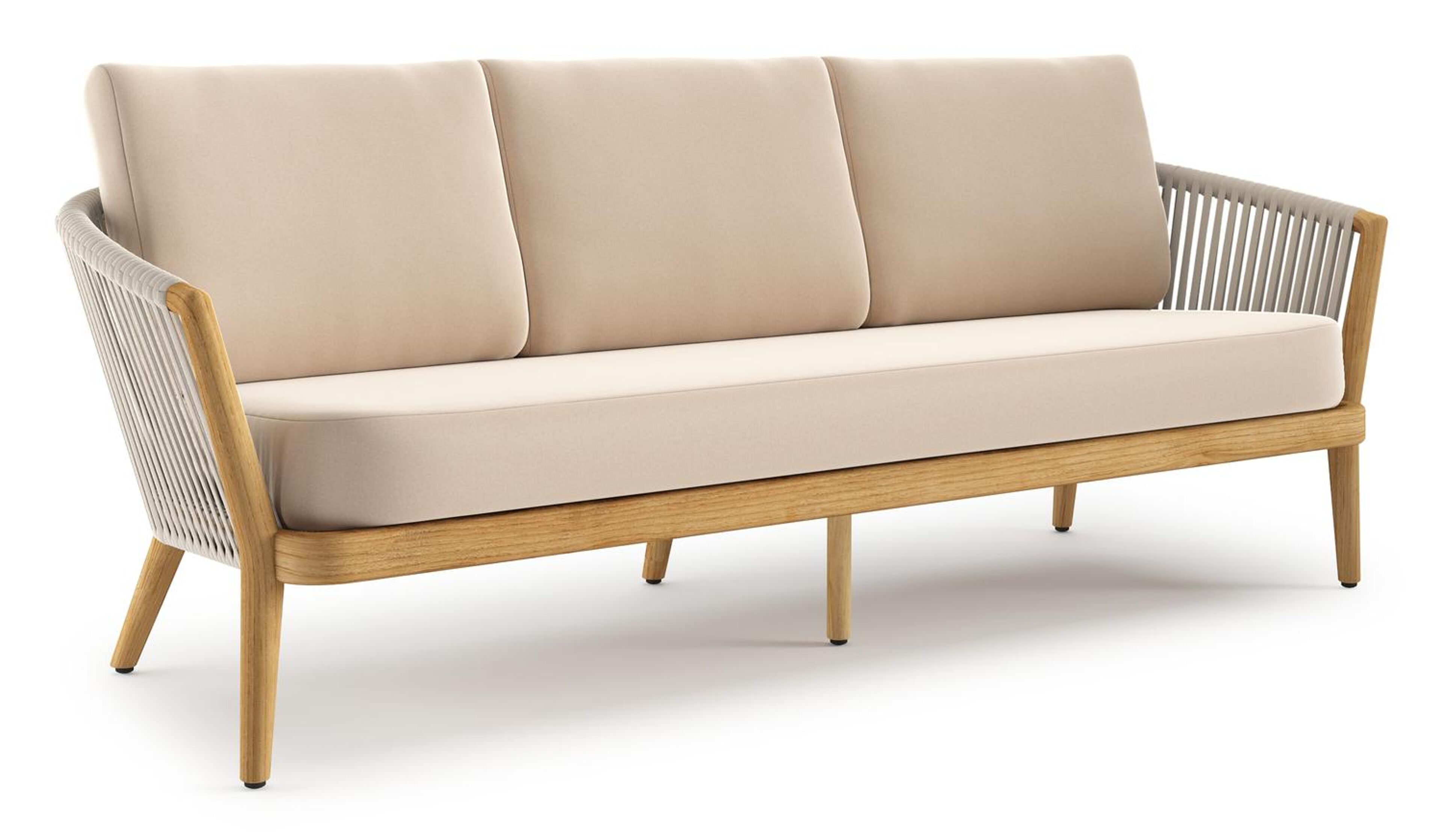 Orso loungebank in teak en beige verticaal geweven luxe vlakke rope met Natte Linen Chalk all weather sunbrella® luxe kussen