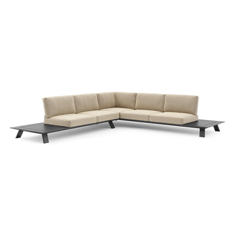 Salon de jardin d'angle Cesano en aluminium noir et coussin en all weather Cosytica althea camel