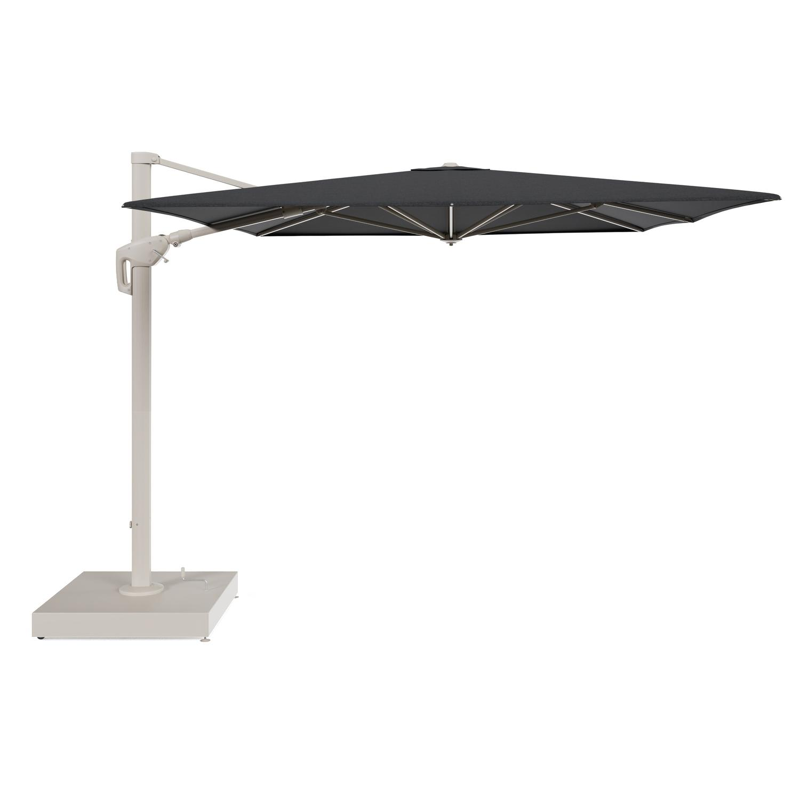 Parasol pendant Minore avec fonction tilt en aluminium beige et toile de parasol All Weather Sunbrella® Luxe Chartres Sooty - Lg.1: 400 x Lg.2: 300 cm avec pied de parasol Minore 260 kg avec roulettes