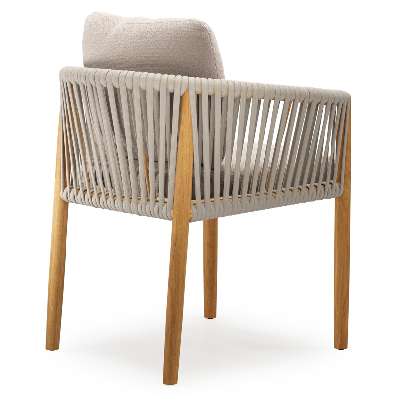 Organo tuinstoel in teak en beige verticaal geweven luxe vlakke rope met zitkussen in All Weather Sunbrella® Luxe Wander Pilat