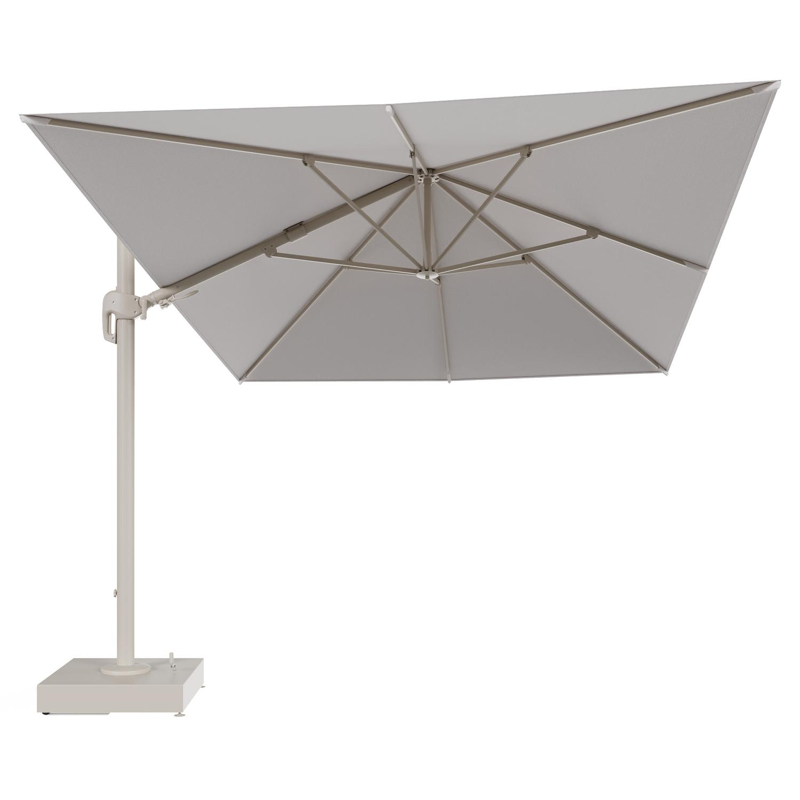 Rufina zweefparasol met tiltfunctie in beige aluminium en Ego Eggshell All Weather Solica parasoldoek - L1 400 x L2 300 cm met parasolvoet Minore 150 kg met wielen
