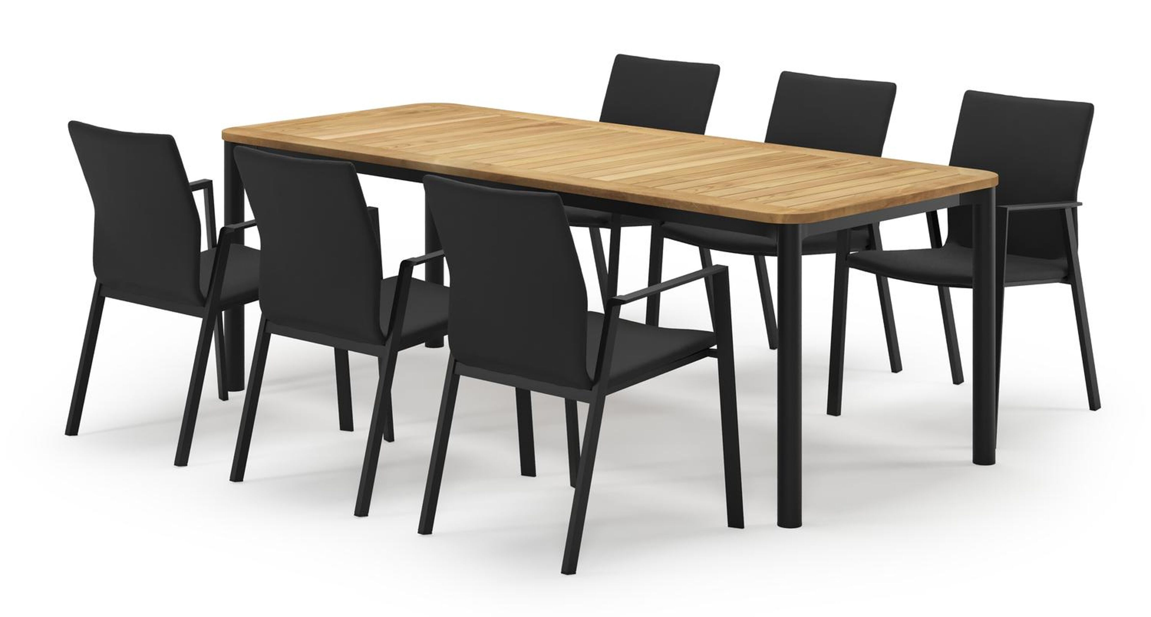 Mira rechthoekige afgeronde tuinset in zwart aluminium en teak natural finish met 6 Madura tuinstoelen