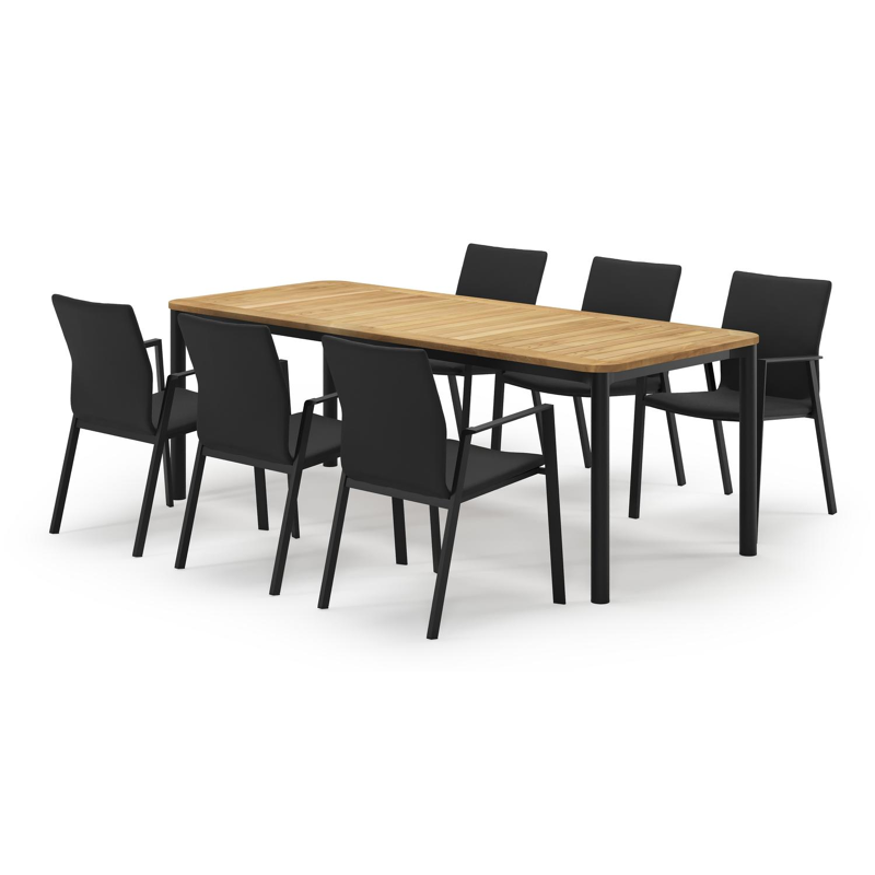 Mira rechthoekige afgeronde tuinset in zwart aluminium en teak natural finish met 6 Madura tuinstoelen