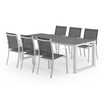 Ensemble de jardin Livo en aluminium blanc avec plateau de table en céramique pleine gris et 6 chaises de jardin empilables Calobra