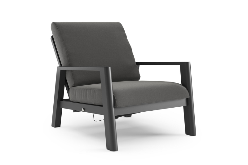 Cirello loungestoel 1-zit in zwart aluminium met natte charcoal chine all weather sunbrella® luxe kussen