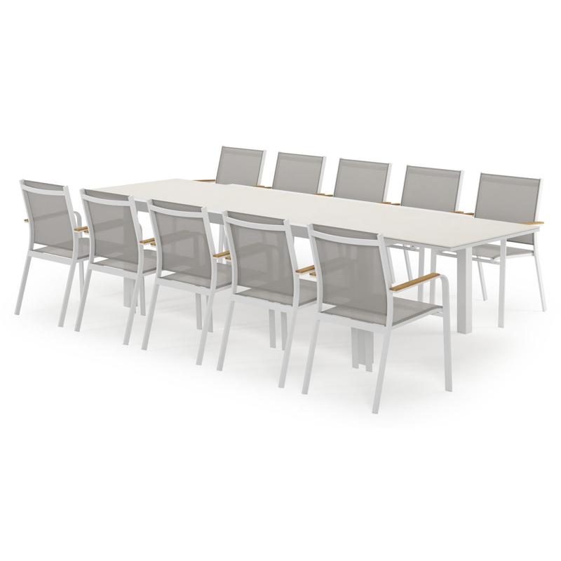 Calobra rechthoekige uitschuifbare tuinset in wit aluminium en sintered stone crema minerale met 10 Amalfi tuinstoelen