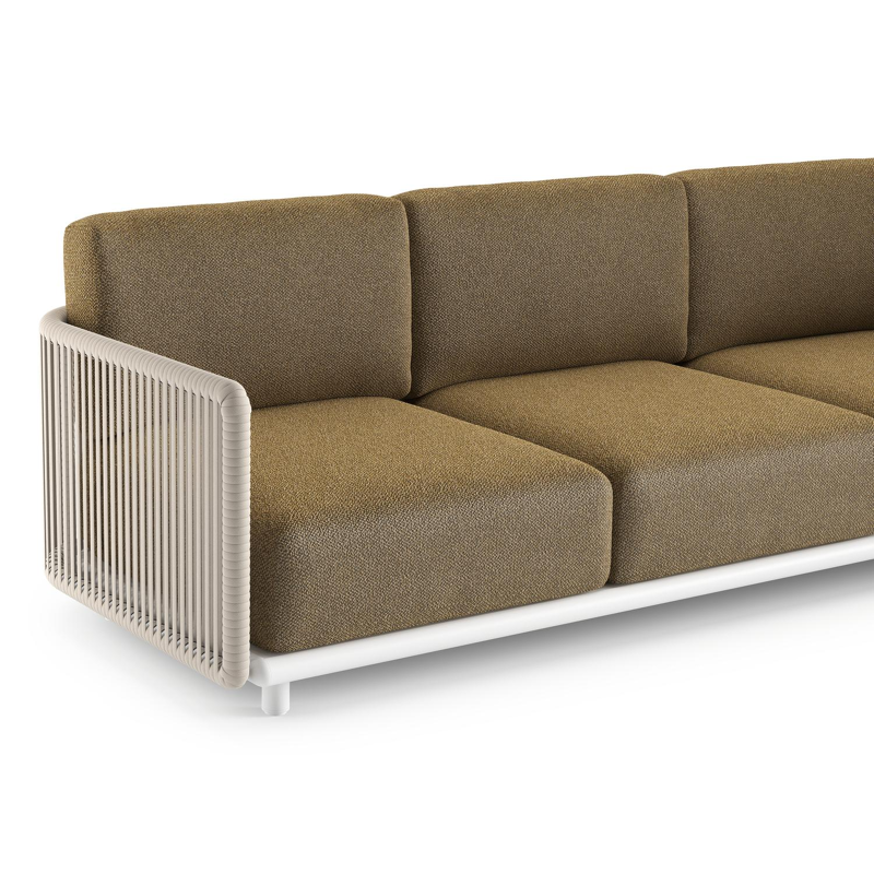 Canapé de jardin Organo en aluminium blanc et corde luxe plate tissée verticalement beige et coussin en all weather Cosytica madagascar walnut