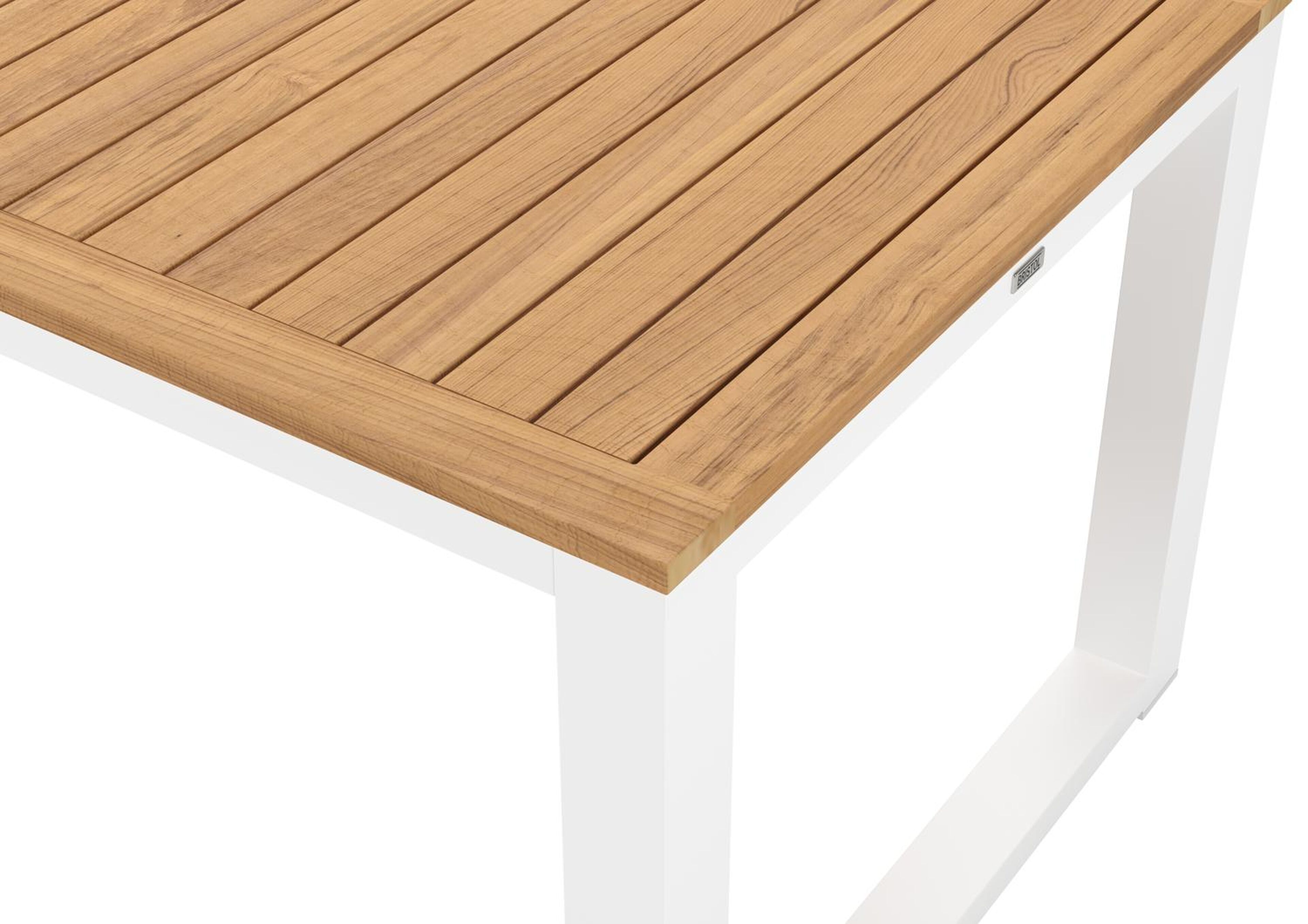 Table de jardin Livo rectangulaire en aluminium blanc et teck - Lg. 220 x Lrg. 92 x Haut. 73 cm