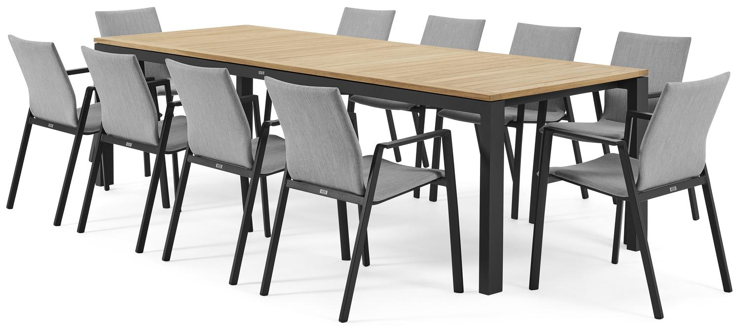 Varese tuinset in zwart aluminium en naturel teak tafelblad met 10 stapelbare Madura tuinstoelen